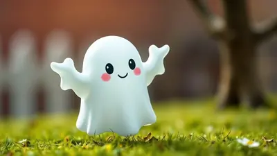 A cute, cartoonish white ghost with big black eyes, rosy cheeks, and a smiling mouth stands in a grassy field with its arms outstretched. arms outstretched. The background is blurred, showing a tree trunk and a white picket fence, creating a whimsical and friendly Halloween-themed atmosphere.