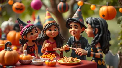 Four cartoon children in Halloween costumes are gathered around a table laden with snacks, enjoying a festive outdoor party. The scene is decorated with pumpkins and colorful balloons, creating a cheerful and spooky atmosphere.