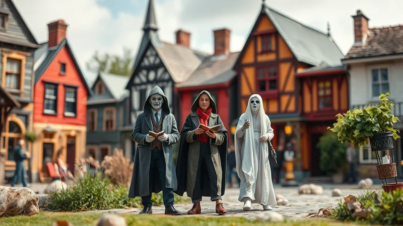 Three figures in costumes stand in a cobblestone street in front of colorful, old-fashioned buildings. The figure on the left wears a grey hooded robe and a skull mask, holding a book. The middle figure wears a dark hooded robe and a red scarf, also holding a book. The figure on the right is dressed as a ghost in a white hooded robe, with a white mask and dark eyeholes.