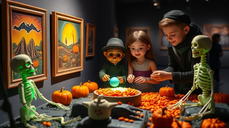 Three children, two boys and a girl, are gathered around a table filled with Halloween decorations, including pumpkins and skeleton figures. They are looking at a glowing blue orb placed in a bowl of snacks, with two framed Halloween-themed paintings on the wall behind them.