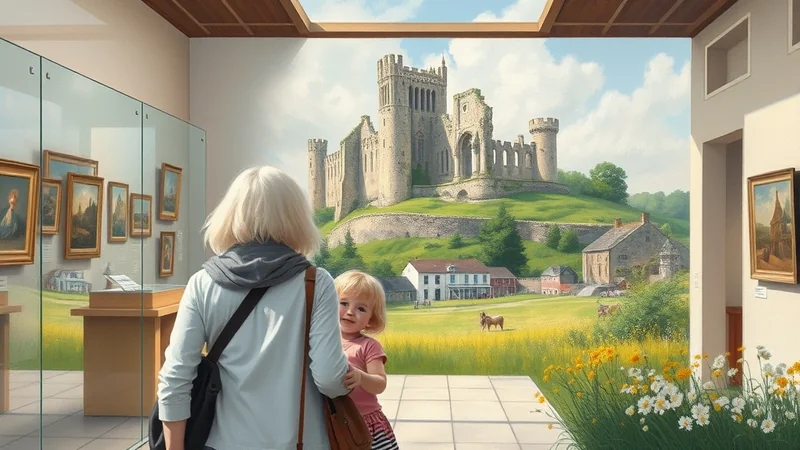 A woman and a young child stand in a museum, looking at a large mural depicting a medieval castle on a hill, with a village and fields below.