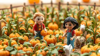 Two cartoon children, a boy and a girl, stand in a pumpkin patch surrounded by many pumpkins and corn stalks. The boy wears a red shirt and blue overalls, while the girl wears a red shirt and denim overalls. Small toy farm animals, including a pig and two dogs, are scattered among the pumpkins.