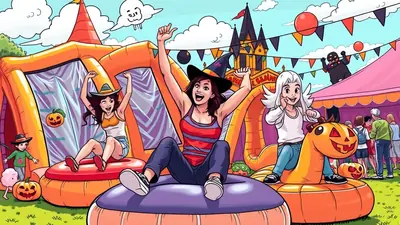 A group of people enjoying a Halloween-themed bouncy castle and carnival games, with a haunted house in the background.