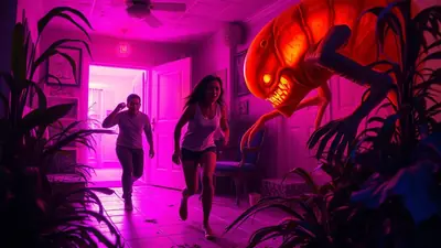 A terrifying, glowing red alien creature with sharp teeth and claws lunges from the shadows of a hallway, as two people flee in terror under a pinkish-purple light.