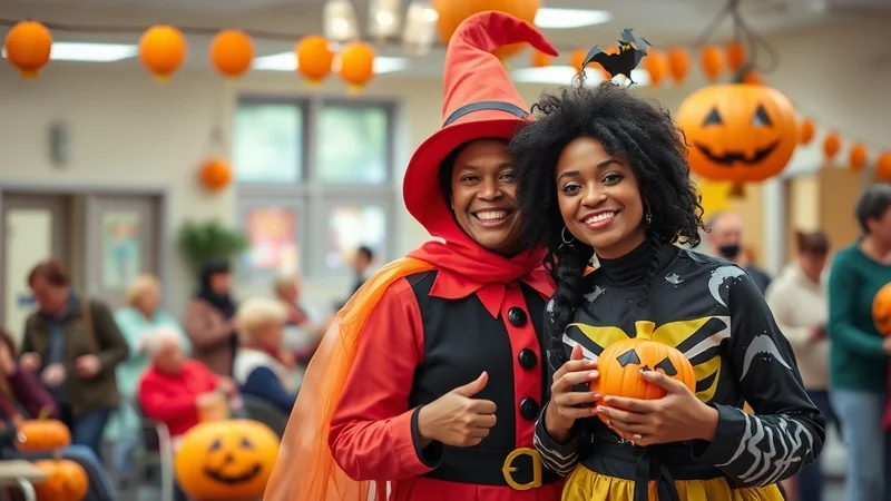 Two women in Halloween costumes smile at the camera, with one dressed as a witch and the other in a skeleton costume, holding a jack-o'-lantern. The background is decorated with orange lanterns and pumpkins, suggesting a festive Halloween event.