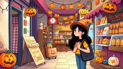 A young girl wearing a witch hat and an orange striped shirt stands in a store decorated for Halloween, looking at shelves stocked with pumpkins and Halloween-themed items.