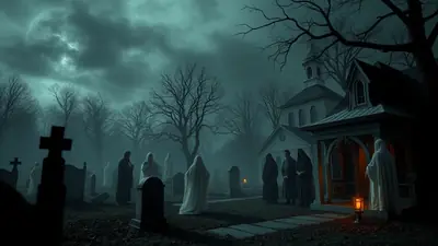 A group of figures in hooded robes and ghost costumes stand in a foggy graveyard at night, with a church and a house in the background under a full moon.