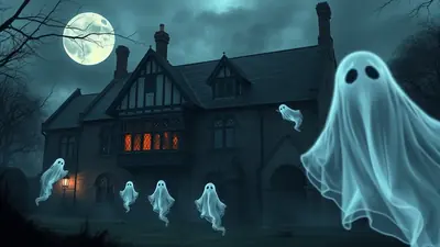A haunted house at night with a full moon and several translucent ghosts floating around it.