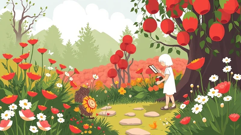 A young girl with white hair in a white dress stands in a vibrant garden, reading a book. She is surrounded by red poppies, white daisies, and a tree laden with red fruit. A whimsical, bird-like creature with a sunflower head stands nearby, and a small yellow bird is on the path.