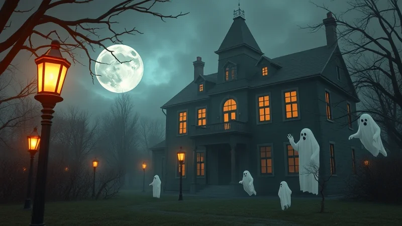 A dark, spooky haunted house stands under a full moon on Halloween night, with several white ghosts floating around the yard and glowing orange lights in the windows.