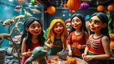 Four cartoon girls in Halloween costumes are gathered around a table with Halloween decorations, including pumpkins and candy. The girl on the far left wears a red dress, the girl next to her has blonde hair and wears a green shirt, the third girl wears an orange shirt, and the girl on the far right wears a red top with a skeleton design. The background features a fish tank with toy dinosaurs and fish, and Halloween-themed lanterns.