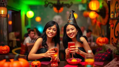 Two smiling young women in black Halloween-themed outfits are holding drinks and toasting at a table decorated with pumpkins and Halloween lights.