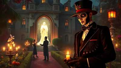 A man in a top hat and skull makeup stands in front of a dimly lit mansion, holding a candle, with a couple in formal wear in the background.