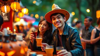 A smiling young Asian couple wearing Halloween-themed attire, including a witch hat, are toasting with beers at an outdoor bar decorated with jack-o'-lanterns and string lights.