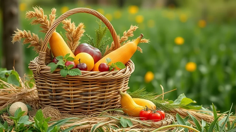 A woven basket overflowing with fresh fruits and vegetables, including bananas, tomatoes, an orange, cherries, and a squash, sits on a bed of straw and greenery in a sunlit garden.