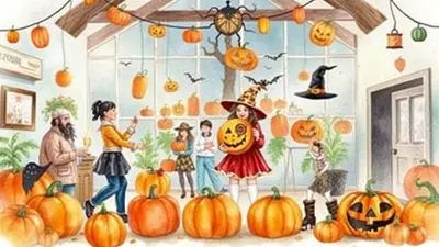 A group of people are gathered in a room decorated for Halloween with many pumpkins and jack-o'-lanterns. A girl in a witch costume holds a jack-o'-lantern, while others look on. The scene has a festive and slightly spooky atmosphere.