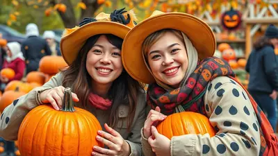 Two smiling young women wearing wide-brimmed hats and scarves pose with pumpkins at a fall festival, with a jack-o-lantern decoration visible in the background.