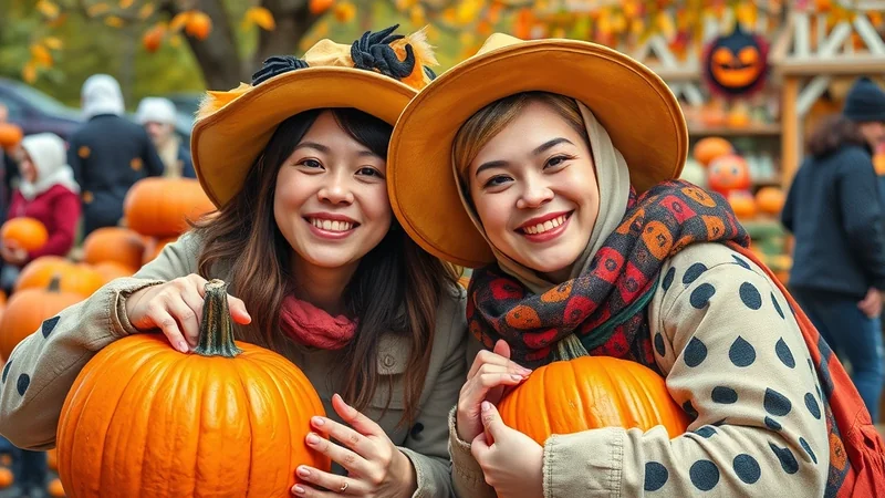 Two smiling young women wearing wide-brimmed hats and scarves pose with pumpkins at a fall festival, with a jack-o-lantern decoration visible in the background.