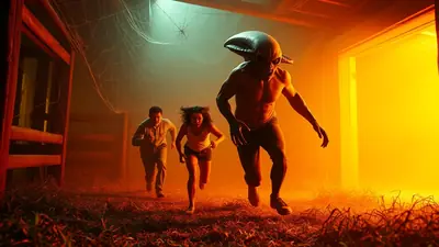 A terrifying alien with glowing eyes and sharp teeth chases two terrified people through a dimly lit, cobweb-filled barn with bright orange light emanating from a doorway.