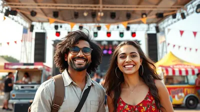 A smiling couple stands in front of a stage at an outdoor festival, with food trucks visible in the background.