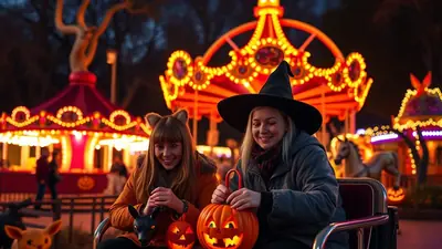 Two young women in Halloween costumes, one with cat ears and the other wearing a witch hat, sit in a ride carriage at a brightly lit amusement park at night, holding carved jack-o'-lanterns.