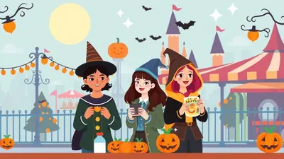 Three young women dressed in witch costumes stand in front of a carnival-like setting with Halloween decorations, including pumpkins, string lights, and a castle in the background. The woman on the left holds a cup, the middle woman holds a phone, and the woman on the right holds a Halloween-themed pamphlet.