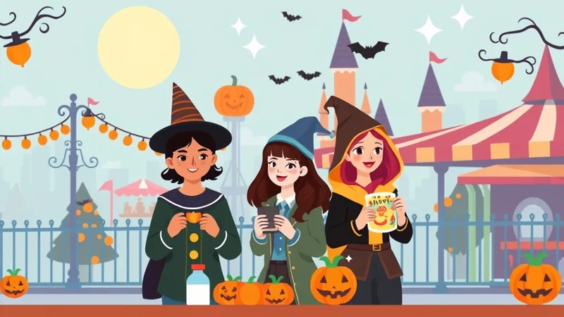 Three young women dressed in witch costumes stand in front of a carnival-like setting with Halloween decorations, including pumpkins, string lights, and a castle in the background. The woman on the left holds a cup, the middle woman holds a phone, and the woman on the right holds a Halloween-themed pamphlet.