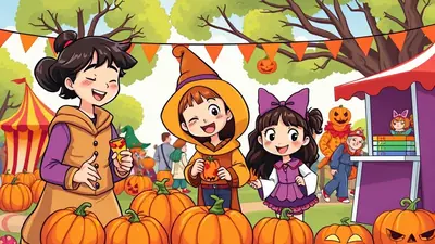 Three young girls in Halloween costumes are at a pumpkin patch, with a pumpkin man and a stall in the background.