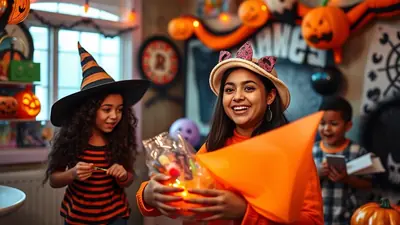 A young woman in a festive hat holds a bag of candy and an orange cone, smiling at the camera, while a girl in a witch hat and a boy in the background are also visible, all in a room decorated for Halloween.
