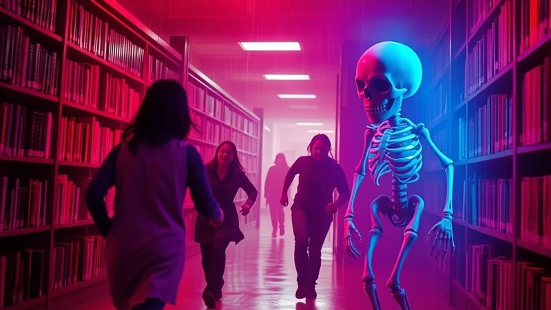 A skeleton is chasing three people down a library aisle lit with pink and blue neon lights. The people are running away from the skeleton, and the mood is spooky and suspenseful.
