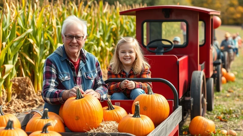 A smiling grandfather and granddaughter sit in a red wagon filled with pumpkins, with a cornfield and a train in the background.