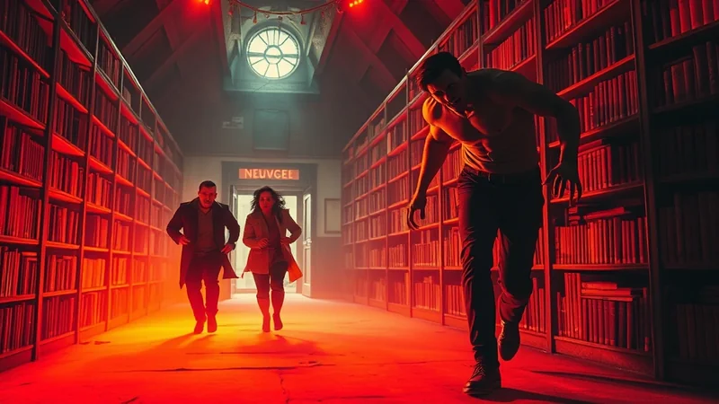 Three people are running down a dimly lit library aisle, illuminated by a dramatic red glow. A shirtless man in the foreground is lunging forward, while two figures in the background are fleeing. The scene has a suspenseful and urgent atmosphere.