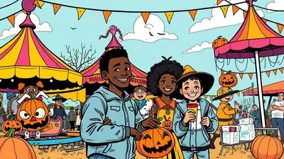 A group of three friends, two Black and one Asian, are smiling and holding pumpkins at a lively outdoor Halloween festival. They are standing in front of colorful circus tents and other festival-goers, with carved pumpkins and festive decorations visible throughout the scene.