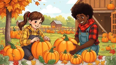 Two children, one with brown hair in a ponytail and the other with dark curly hair, are happily selecting pumpkins in a pumpkin patch. They are surrounded by many pumpkins, a wooden barn, and autumn leaves, evoking a festive fall atmosphere.