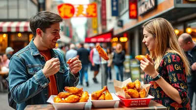 A smiling young couple enjoys a meal of fried chicken wings on a bustling city street, with colorful signs and blurred pedestrians in the background.