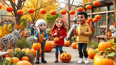 Three cartoon children, two girls and one boy, stand in a festive outdoor Halloween setting filled with pumpkins and autumn leaves. A zebra and a grey elephant-like creature are also visible in the background, adding to the whimsical atmosphere.