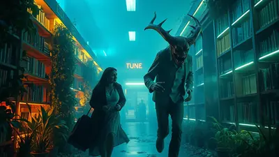 A woman in a dress and jacket is running away from a monstrous creature with antlers and sharp teeth in a dimly lit library with glowing bookshelves.