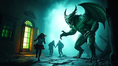 A terrifying green monster with large wings and horns looms over three people running away from it in a dark, eerie setting with glowing green light emanating from a doorway.