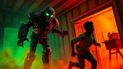 A terrifying skeletal monster with glowing green eyes and armored plating lunges at a young Black man who is running away in fear through a doorway, illuminated by an eerie orange glow.