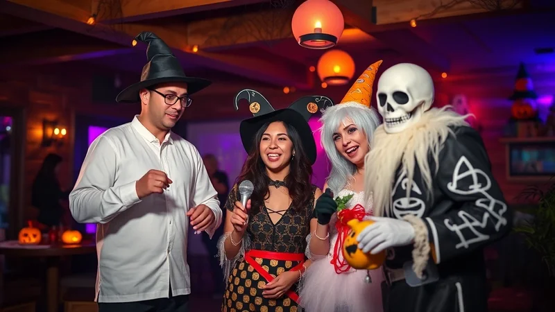 Four people in Halloween costumes are gathered together, with one person dressed as a skeleton and the others as witches. They appear to be at a party, with decorations and dim lighting creating a festive and spooky atmosphere.
