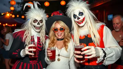 Three people in Halloween costumes are holding drinks at a party. The person in the middle is a woman wearing a witch hat and sunglasses, while the two people on either side are dressed as spooky characters with white face paint and wild hair.