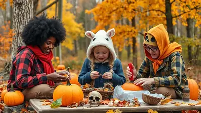 Three people, two children and one adult, are sitting at a wooden table outdoors carving pumpkins for Halloween. The adult on the left wears a red and black plaid shirt and a red scarf. The child in the middle wears a blue jacket and a white bunny-ear hat. The child on the right wears a plaid shirt and an orange hooded scarf with a skull design. Pumpkins, autumn leaves, and a skull are scattered on the table. The background shows a forest with trees displaying vibrant orange and yellow fall foliage.