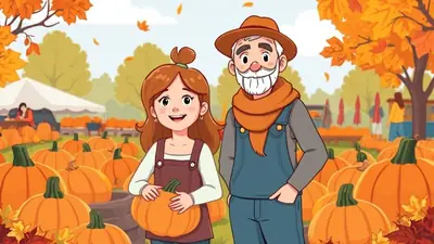 A cartoon illustration of a young girl and an older man standing in a pumpkin patch during autumn. The girl holds a pumpkin, and both are smiling. The background features a tent, more pumpkins, and colorful fall foliage.