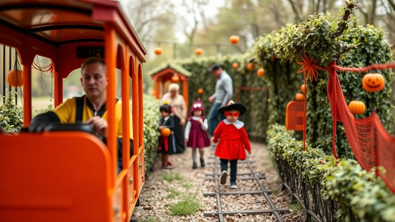 A man drives an orange train past children in Halloween costumes walking on a track decorated with pumpkins and festive greenery.