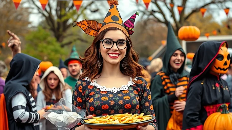 A woman in a Halloween costume with a pumpkin-themed dress and a festive hat holds a platter of french fries at an outdoor Halloween gathering. Other people in costumes, including a person in a pumpkin mask, are visible in the background.