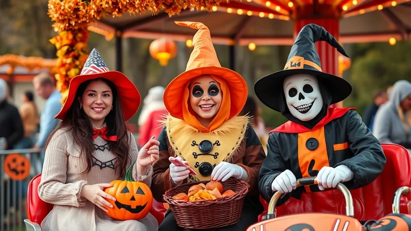 Three people in Halloween costumes are sitting in a red vehicle, possibly a carousel ride. The person on the left wears a witch hat with an American flag design and holds a jack-o-lantern. The person in the middle is dressed as a scarecrow with a pumpkin-like face and holds a basket of candy. The person on the right wears a skeleton mask and a witch hat, holding onto the vehicle's steering wheel. The background suggests an outdoor autumn festival with decorative lights and foliage.