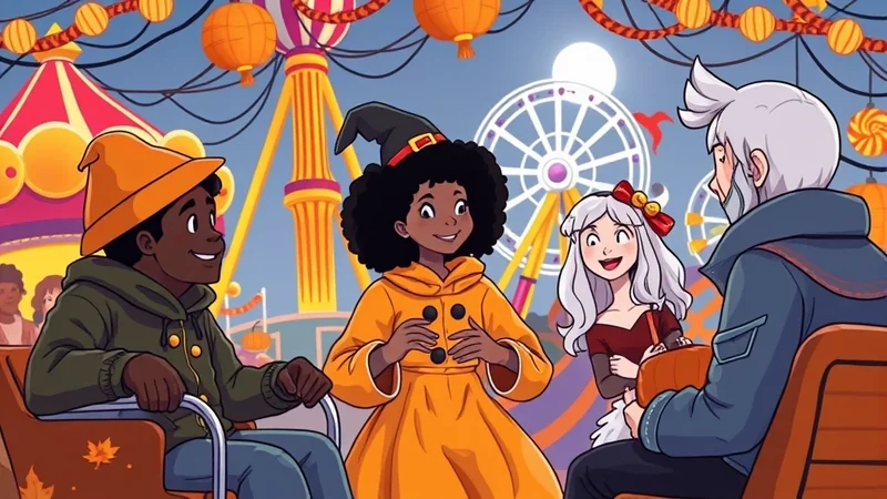 Four friends are enjoying a ride at a carnival at night. The friends are a Black boy wearing an orange hat, a Black girl wearing a witch hat and an orange coat, a White girl with white hair and a red dress, and an older White man with white hair wearing a blue jacket. The carnival has a Ferris wheel and a carousel in the background, with orange lanterns strung across the sky.
