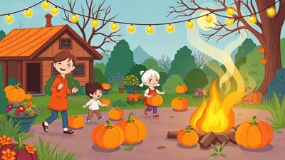A cheerful autumn scene with three children and an adult gathered around a bonfire, surrounded by pumpkins and festive string lights, with a cozy house in the background.