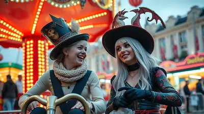 Two women in costume, one wearing a top hat with a skull design and the other a witch hat with dragons, laugh together at a brightly lit carnival at dusk.