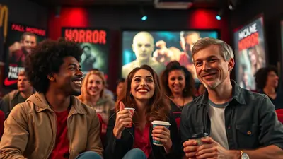 A diverse group of people are smiling and enjoying a horror movie in a dimly lit theater, with movie posters visible in the background.